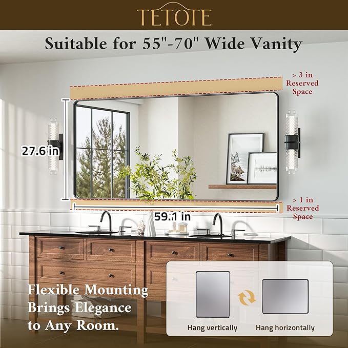 TETOTE Black Framed Mirrors for Bathroom 60 x 28 Metal Framed Bathroom Vanity - Image 7