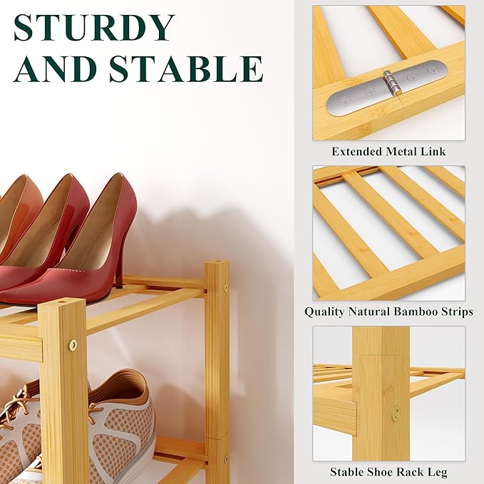 Smiry Shoe Rack, 3 Tier Long Bamboo Shoe Organizer, Stackable Free Standing - Image 3