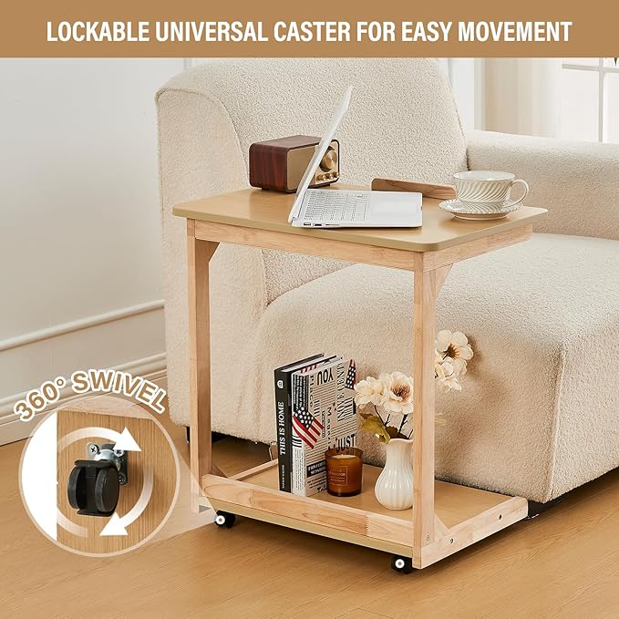 CozyDH Adjustable C Shaped End Table, Rolling Side Table Solid Wood TV Sofa - Image 3
