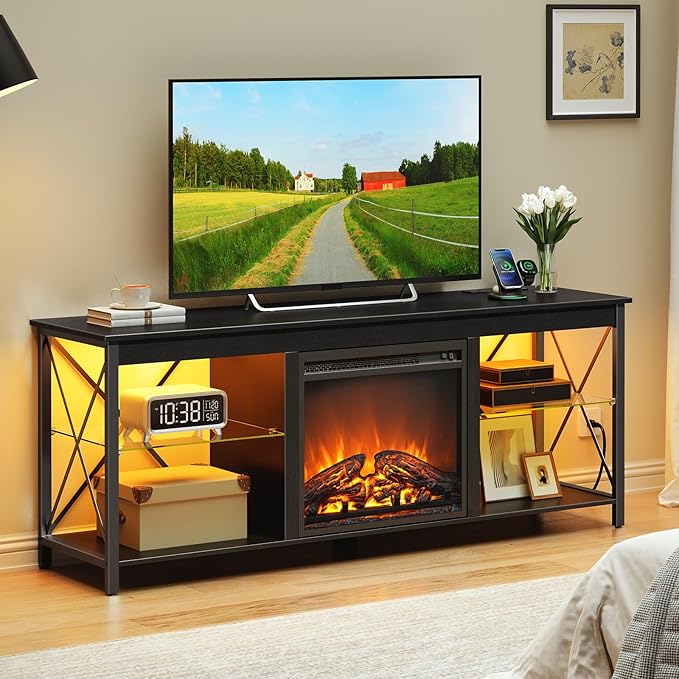 HOOBRO Fireplace TV Stand with Charging Station and LED Lights, TV Stand with - Image 7