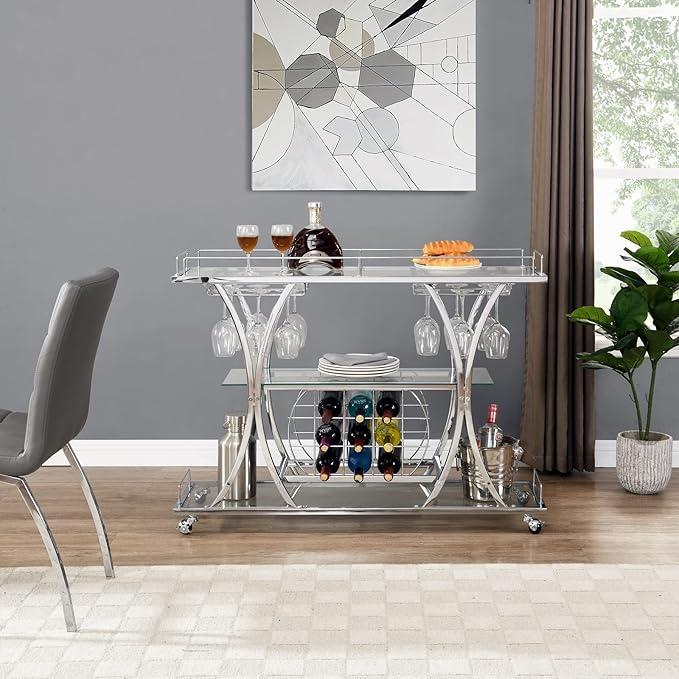 Silver Bar Carts with Glass Holders & Wine Rack, 3 Tier Home Bar Serving Carts - Image 5