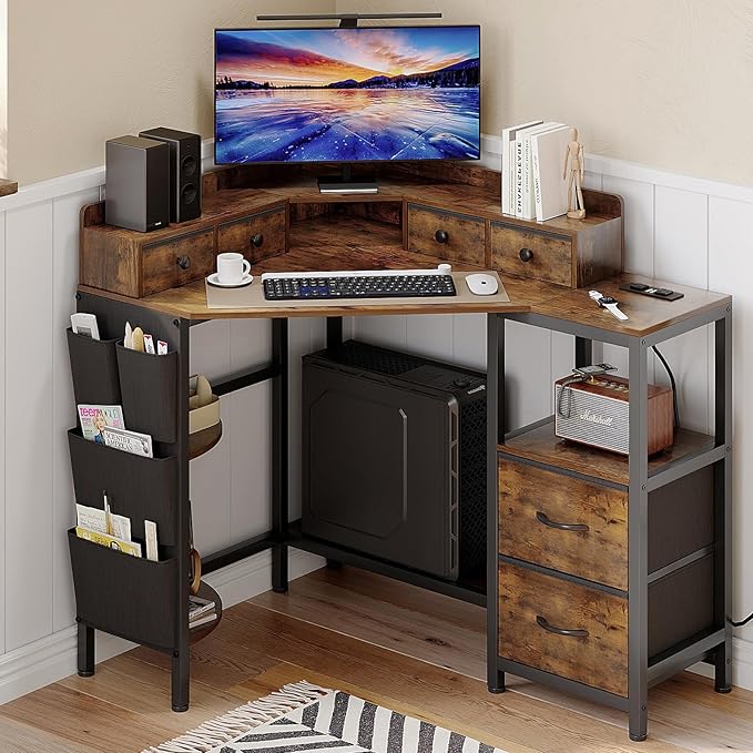 Corner Desk with 6 Fabric Drawers Shelves by VENNQD