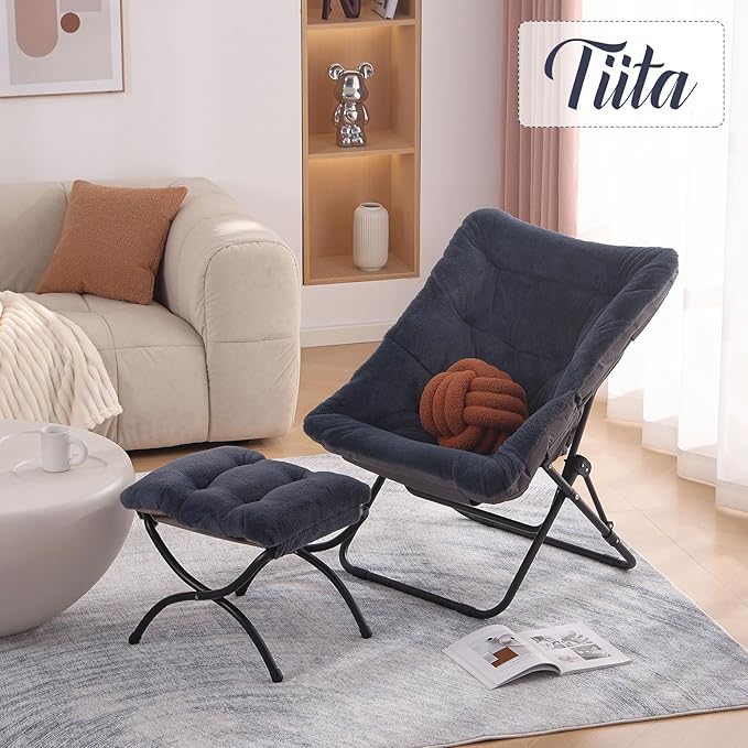 Tiita Folded Chair with Ottoman, Soft Faux Fur Oversized Folding Accent Chair - Image 6