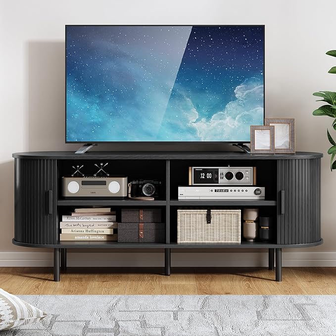 63" TV Stand with Power Outlet, Modern Media Console with Sliding Doors - Image 5