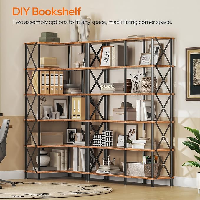 HOOBRO Corner Bookshelf, 6-Tier L-Shaped Bookcase, Industrial Open Display - Image 4