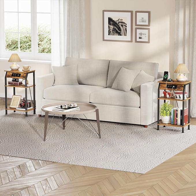Tall Side Table with Storage, 3-Tier Small End Table with Charging Station - Image 7