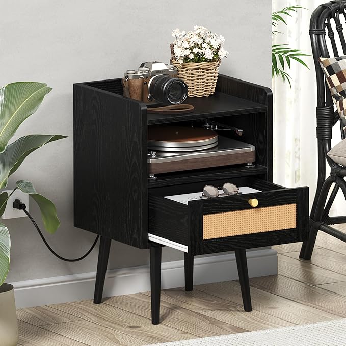 Nightstand Rattan with Charging Station, Mid Century Modern Bed Side Table - Image 6