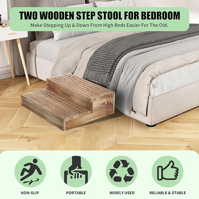Wooden 2 Step Stool for High Beds, Moderate & Applicable 2-Step Stools for - Image 3