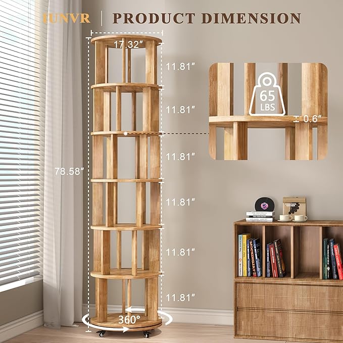 6 Tier Bookshelf Tower, 360° Solid Wood Spinning Bookcase - Image 2