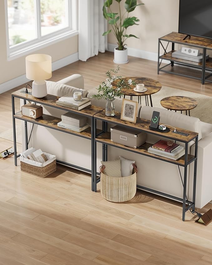 VASAGLE Console Table with Power Outlet, 2-Tier Narrow Sofa Table with 2 Shelves - Image 5