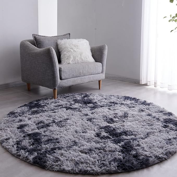 FJZFING Tie-Dyed Dark Grey Round Rug Ultra-Soft Plush Modern 5x5 Circle Area Rug by FJZFING