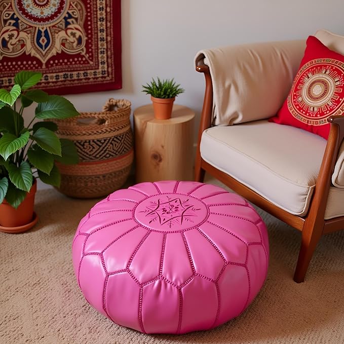 Stuffed Round Design Moroccan Leather Pouf Ottoman, Pre-Filled, 100% Genuine - Image 2