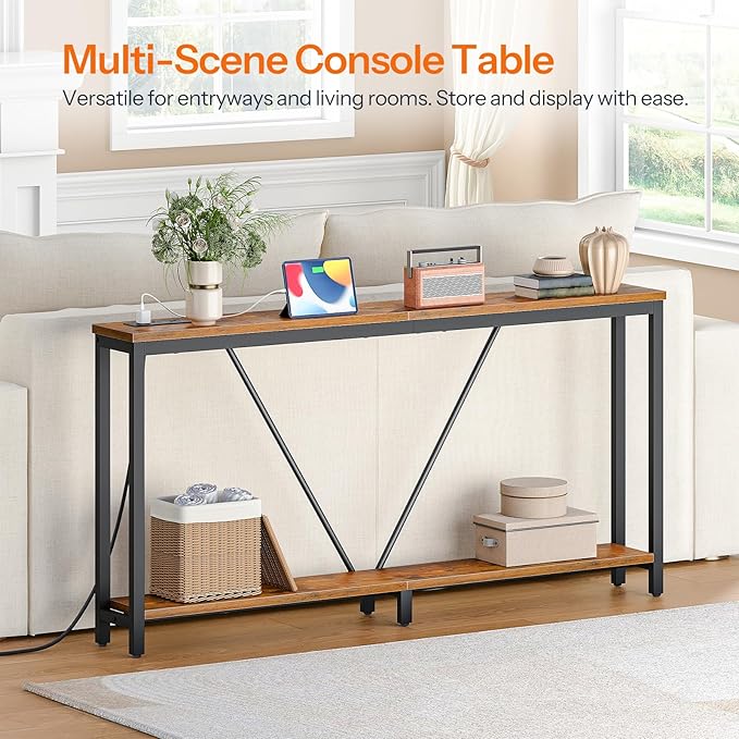 HOOBRO 63" Console Table with Charging Station, 2-Tier Extra Long Sofa Table - Image 5