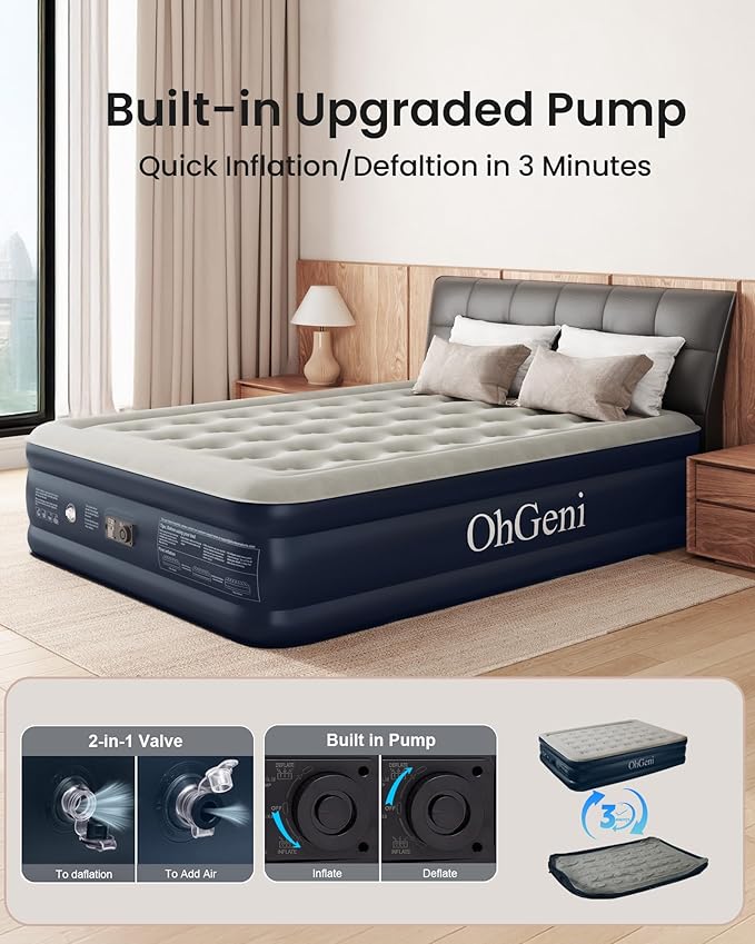 OhGeni Air Mattress Queen with Built in Pump, Blow Up Colchones Inflables - Image 3
