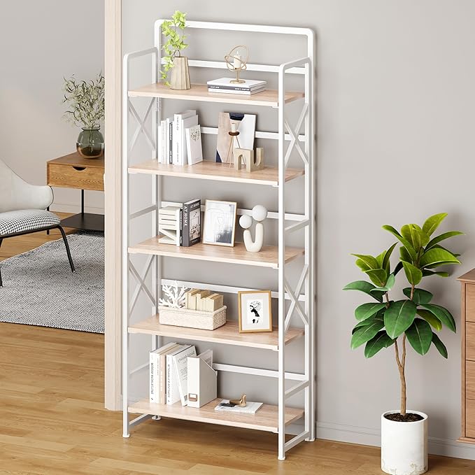 No Assembly Folding Bookshelf, 5 Tiers Vintage Wood Collapsible Book Shelf - Image 2