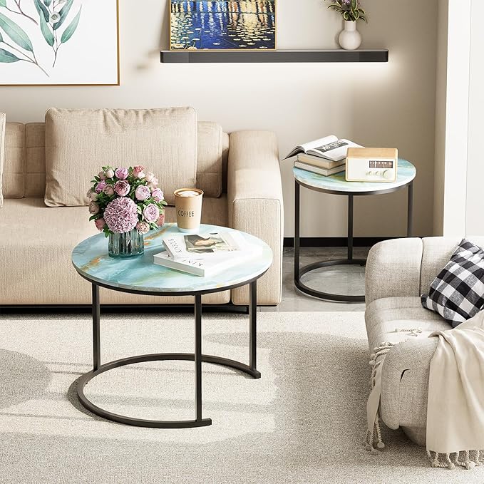 Garden 4 you Nesting Coffee Table, 23.6" Round Coffee Table Set of 2, Wooden - Image 4