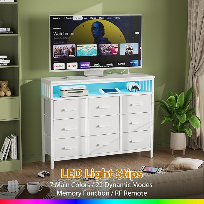 9 Drawer Dresser TV Stand with LED Lights & Power Outlets, Entertainment Center - Image 3