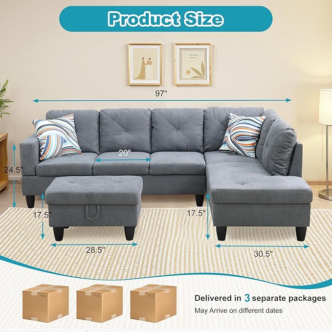 Couches for Living Room Modern L Shaped Couch Comfy Flannelette Fabric 3 Pieces - Image 2