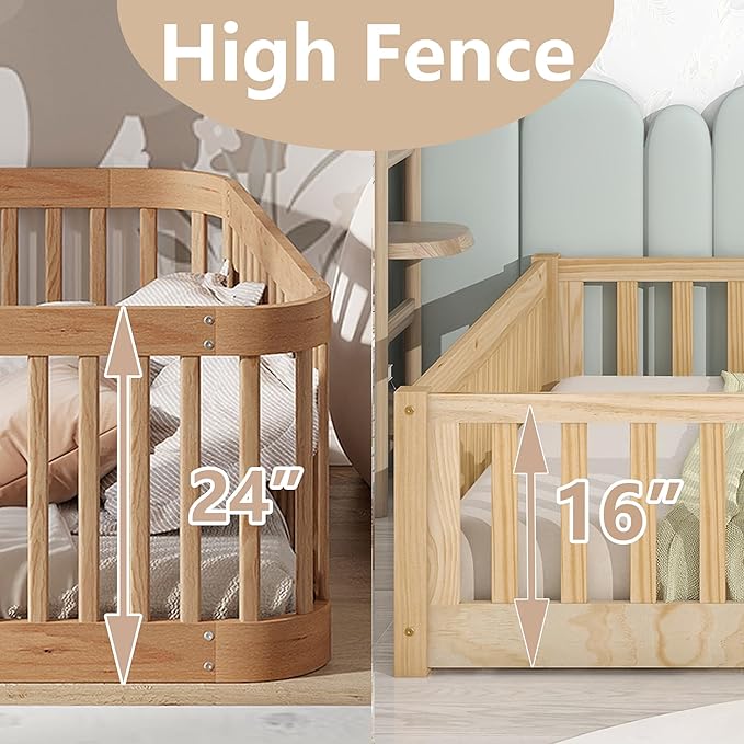 Full Floor Bed with High Fence and Rounded Corner Design, Montessori Floor Bed - Image 5