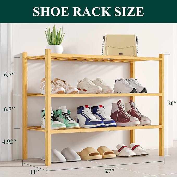 Smiry Shoe Rack, 3 Tier Bamboo Shoe Organizer, Stackable Free Standing Wooden - Image 2