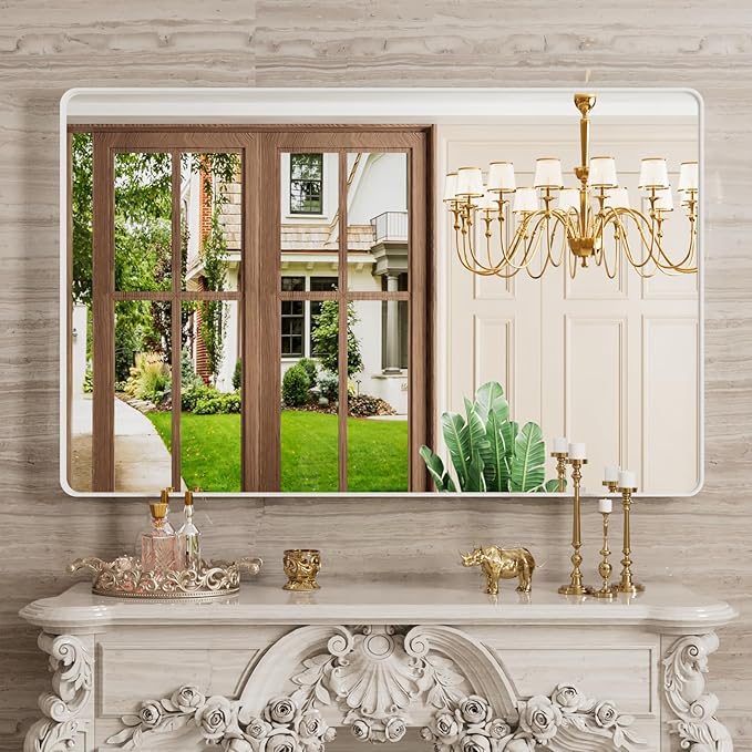 White Bathroom Mirror 48x30 Inch, Rounded Rectangle Matte Bathroom Vanity Mirror - Image 2