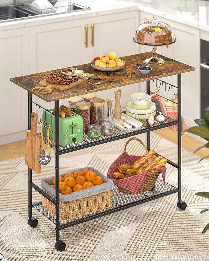 Kitchen Island with 3 Shelves, Rolling Kitchen Cart with 6 Hooks and Protective by ThreeHio