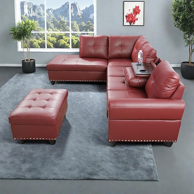 L-Shaped Sectional Sofa with Ottoman, Leather Modern Nail-Head Design with Cup - Image 5