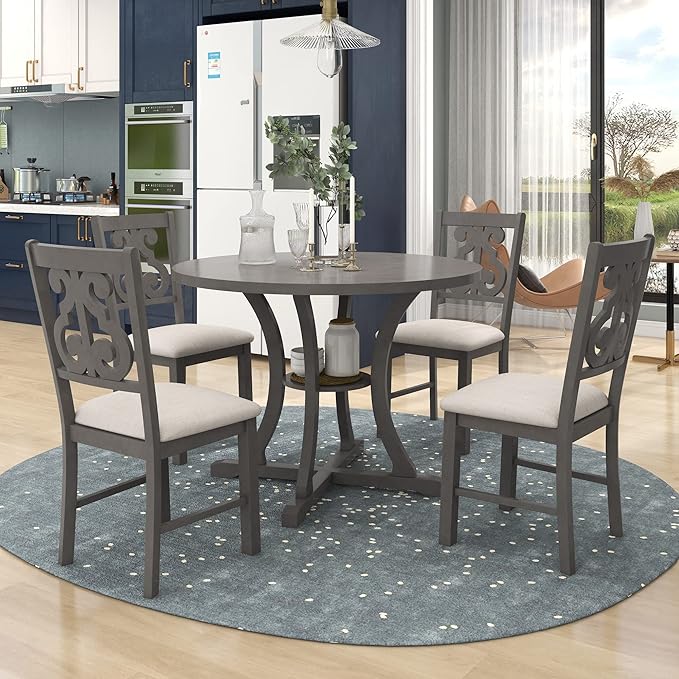 Merax 5 Piece Round Dining Table Set 4 Retro Chairs - Image 7