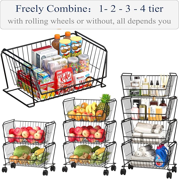 PUSDON 4-Tier Stackable Metal Storage Baskets, Anti-Rust Fruit Vegetable Rack - Image 3
