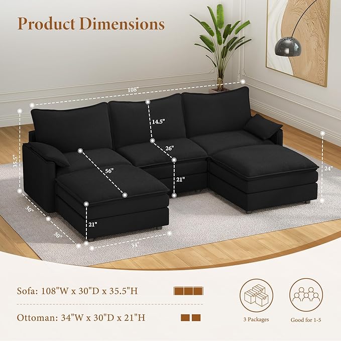 Vesgantti 108" U Shaped Sectional Couch, Comfy Cloud Modular Sectional Sofa - Image 2