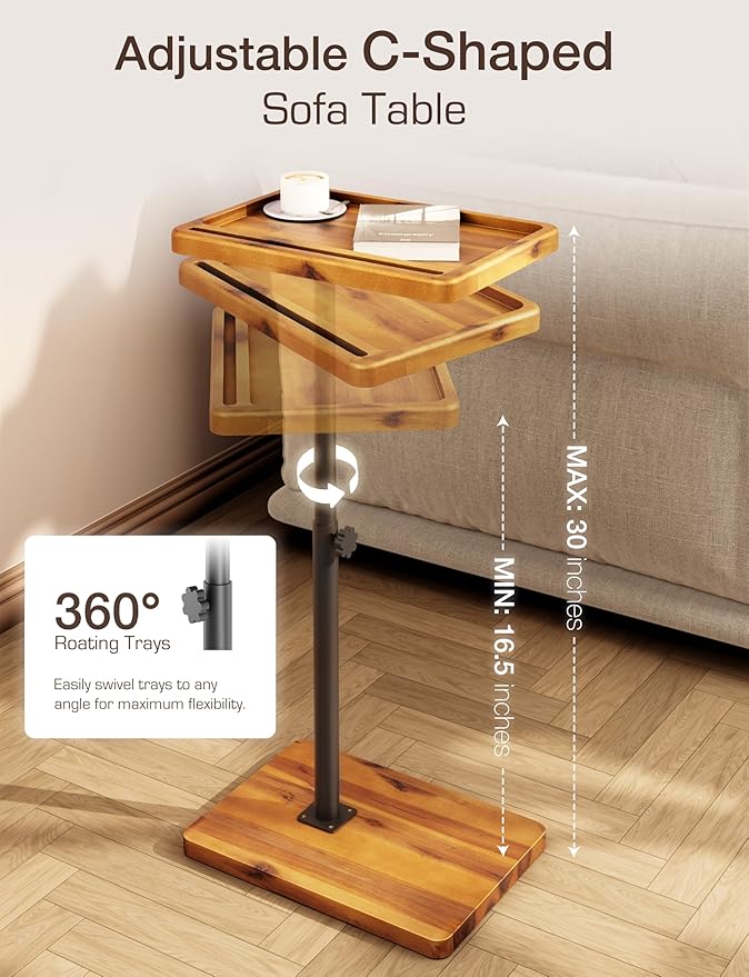 HOLANA Acacia Wood Adjustable C-Shaped Couch Table – 360° Swivel Side Table - Image 2