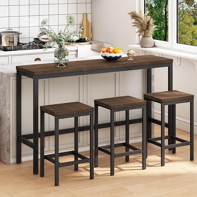 KEIKI 60.24” Long Bar High Top Dining Table and 3 Stools Chairs Set, Wood by Unknown