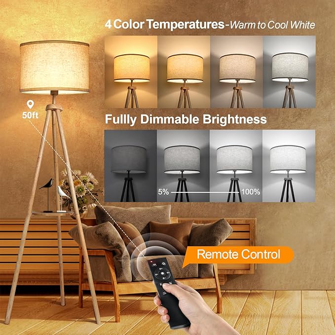 OUTON Tripod Floor Lamp with Shelves, Mid Century Dimmable Wood Floor Lamp with - Image 3