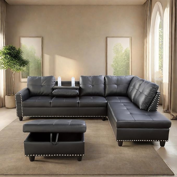 L Shaped Sectional Sofa with Ottoman, Nail-Head Design Leather Right Facing - Image 7