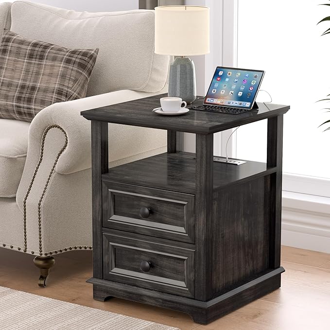 End Table with Fast USB C Charging Station, Large Storage Rustic Wood Square by Alwaysreadyforyou