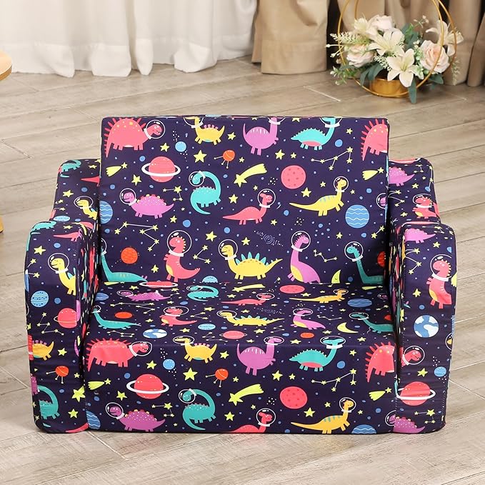 Dinosaur Kids Sofa, 2-in-1 Kids Couch Fold Out, Convertible Sofa to Bed - Image 2