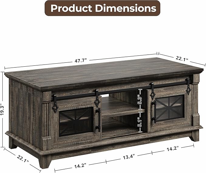 IRONCK 48'' Coffee Table with Sliding Barn Doors, Rustic Center Table with 6 - Image 2