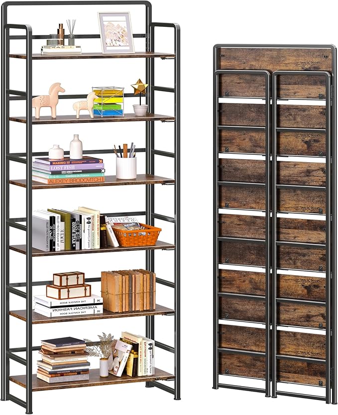 4NM No-Assembly 6 Tiers Folding Bookshelf Storage Shelves Vintage Bookcase by 4NM