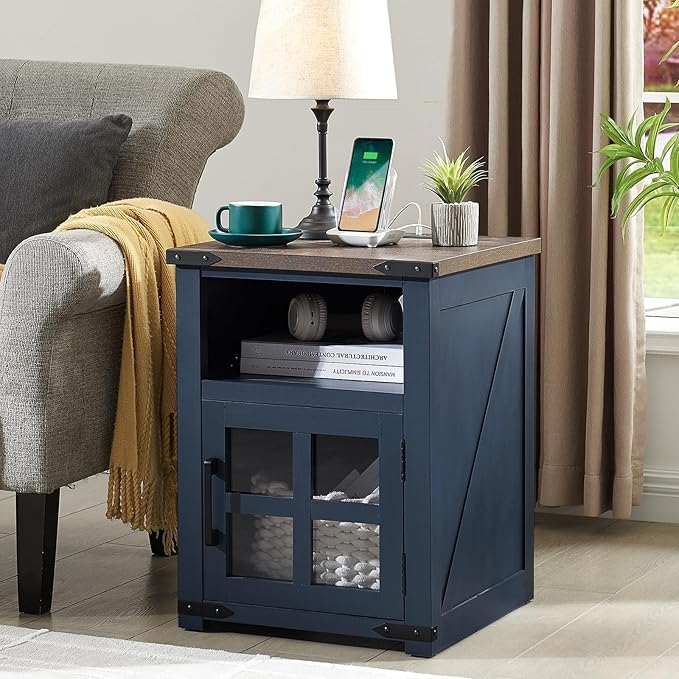 Farmhouse Nightstand with Charging Station, Rustic End Table with Tempered - Image 4