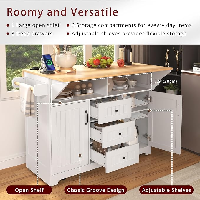 56" Large Kitchen Island with 2 Drop Leafs, Rolling Kitchen Cart on 5 Wheels - Image 3