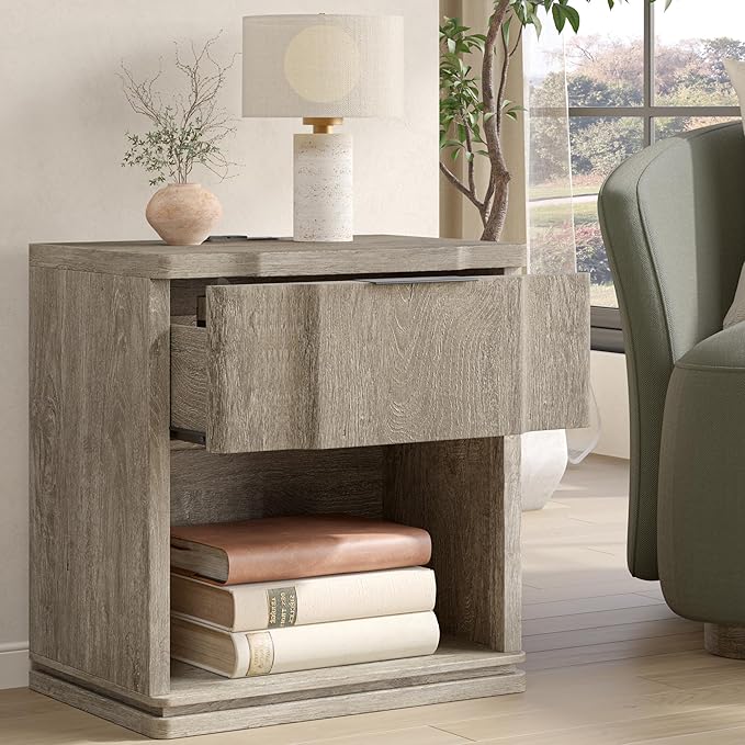 Night Stand with Charging Station, Wooden Mid Century Modern Nightstand with - Image 6