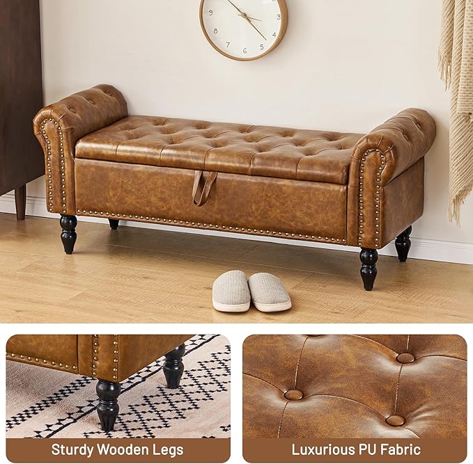 Furniliving Storage Ottoman Bench, Leather Benches End of Bed Bench - Image 4