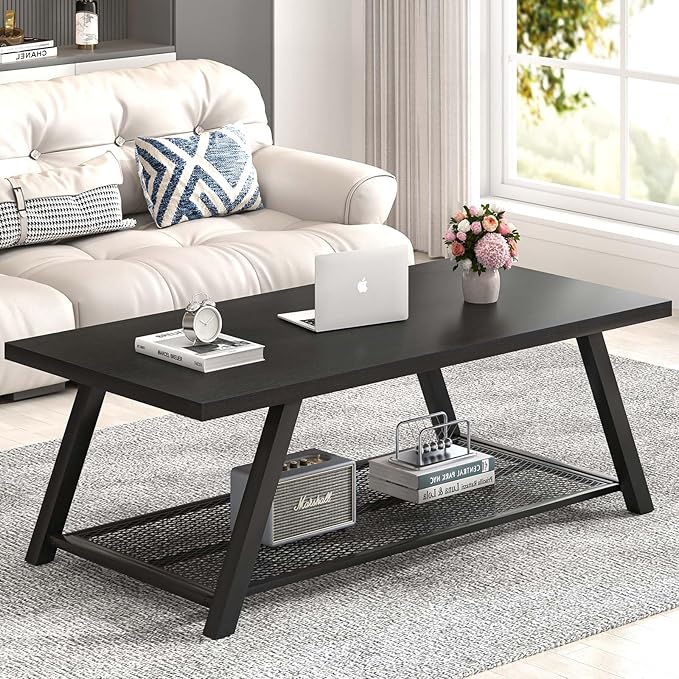 FOLUBAN Black Coffee Table, Modern Rustic Wood and Metal Living Room Table by FOLUBAN