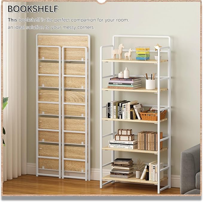 4NM No-Assembly 5 Tiers Folding Bookshelf Storage Shelves Vintage Bookcase - Image 3