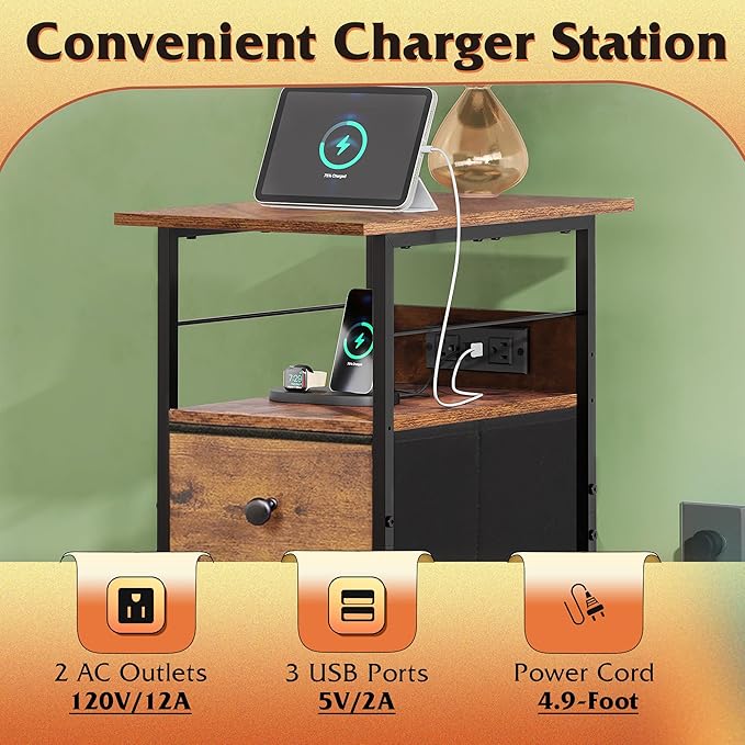 WLIVE Nightstand Set of 2 with Charging Station, End Table Sets with LED Lights - Image 4