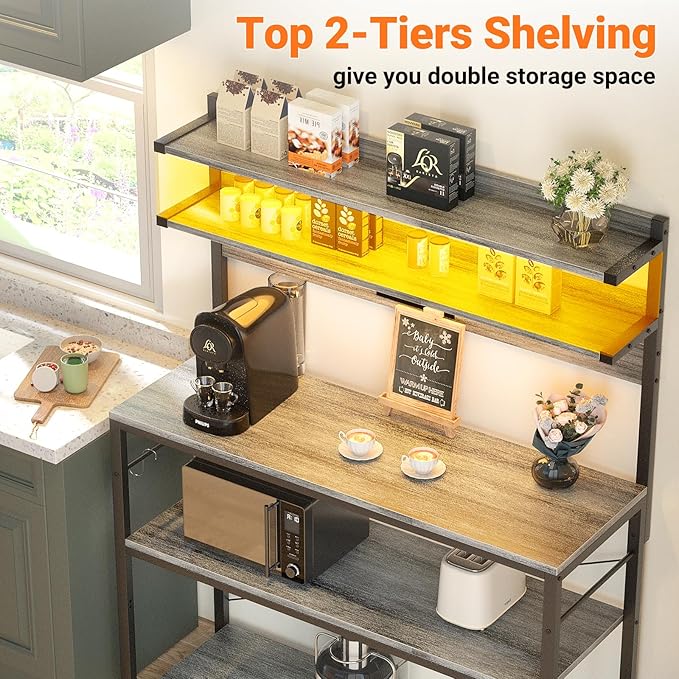 Aheaplus Bakers Rack with Power Outlet, Microwave Stand, 5 Tiers Coffee Bar - Image 6