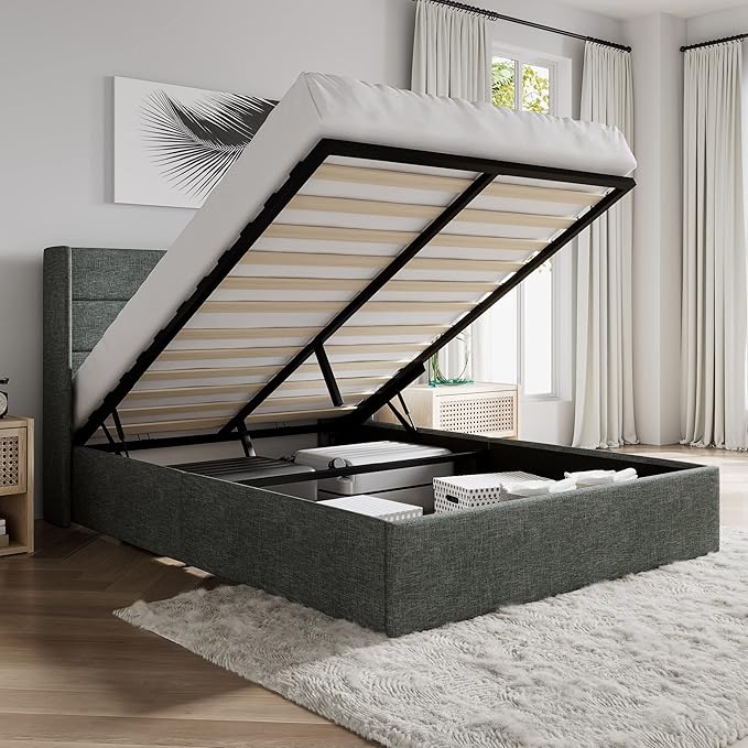 SHA CERLIN Queen Size Lift Up Storage Bed/Modern Wingback Headboard/Upholstered by SHACERLIN