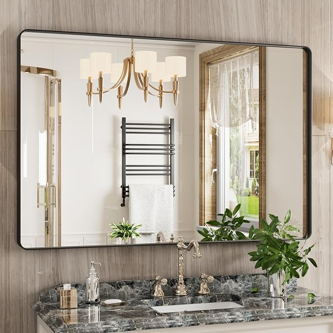 Black Bathroom Mirror 48X32 Inch, Rounded Rectangle Matte Bathroom Vanity Mirror by JISOSO