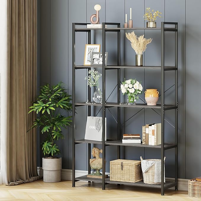 Tohomeor Bookshelf 5 Tier Deformable Corner Bookcase Free Standing Modern - Image 2