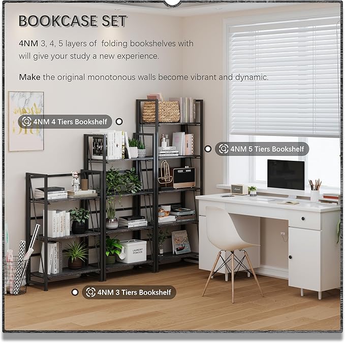 4NM No-Assembly Folding Bookshelf Storage Shelves 3 Tiers Vintage Bookcase - Image 5